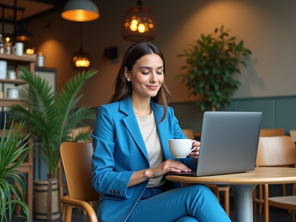 Kobieta w niebieskim garniturze pracuje na laptopie w kawiarni, trzymając filiżankę kawy.