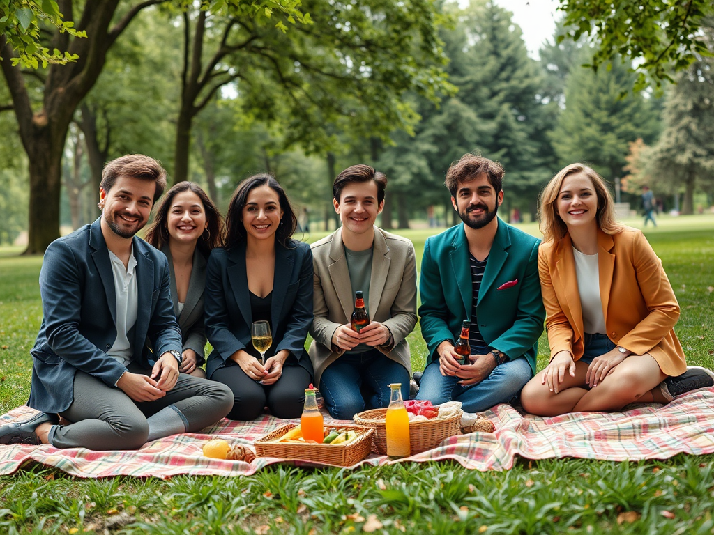 Grupa przyjaciół w eleganckich ubraniach siedzi na trawie na pikniku, otoczona drzewami w parku.